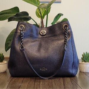 Coach Edie Navy Leather Shoulder Bag with Chain Straps